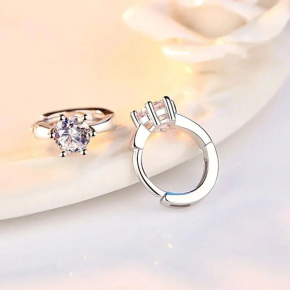 925 Sterling Silver Diamond Huggie Hoop Earrings - Picture 4 of 7